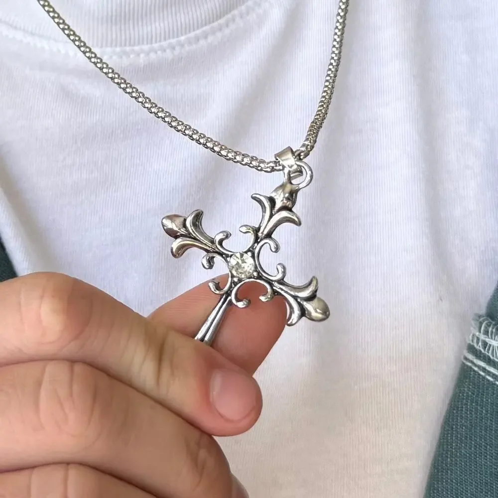 Silver Gothic Cross Pendant Necklace Unisex Stainless Steel Jewelry New